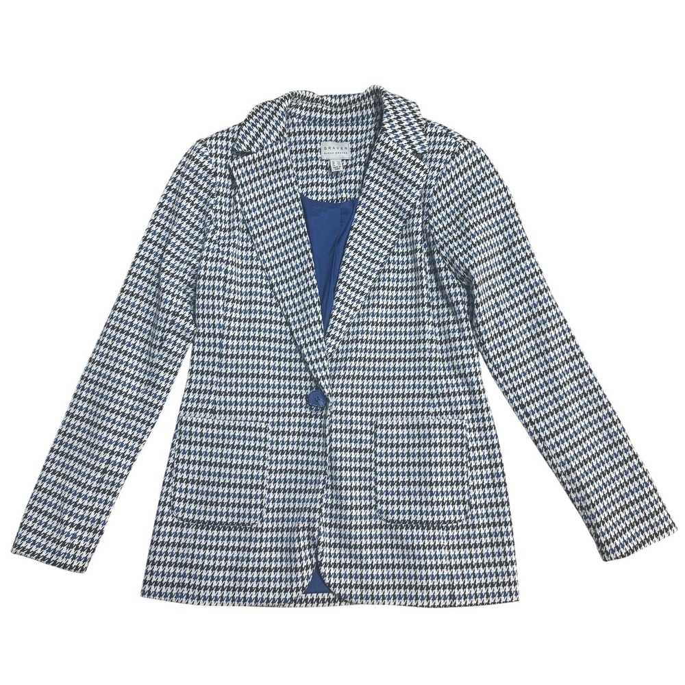 Susan Graver Blazer Jacket Womens XXS Blue Houndstooth Stretch Lined One Button